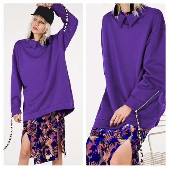 ZARA Retro Collared Oversized Sweatshirt Zebra 80’s Purple Sz L - Picture 2 of 8